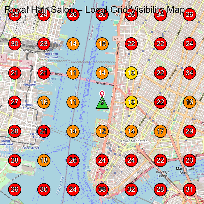 Royal Hair Salon GeoGrid visibility map for Hair Salon in New York